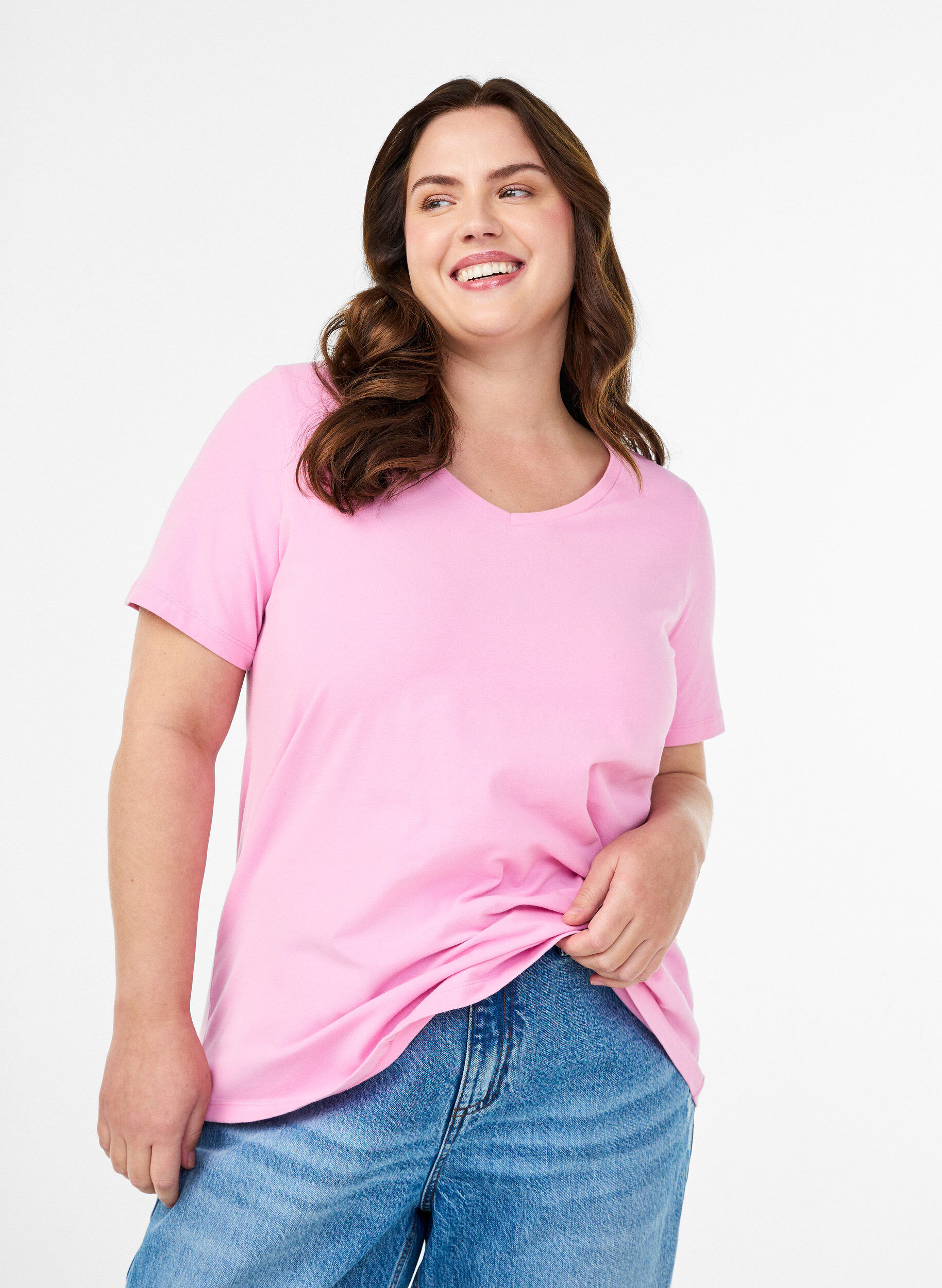 ZizziT-shirt Basic en coton uni, Rose, Model image number 0