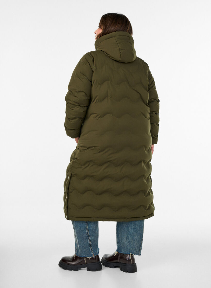 Doudoune longue &agrave; capuche avec motif vagues, Vert Kaki, Model