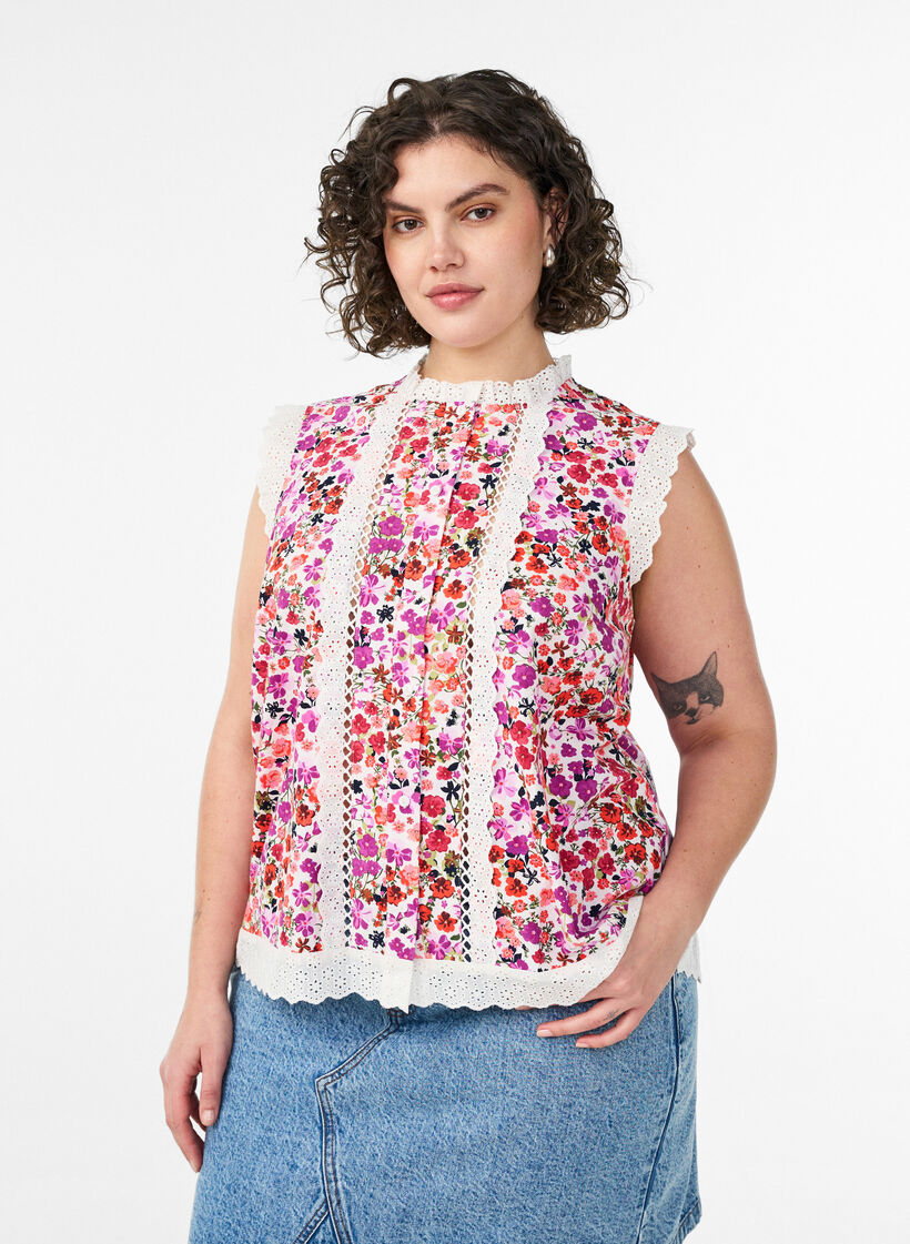 Blouse sans manches en coton avec imprim&eacute; floral et broderie anglaise, Rose, Model image number 0