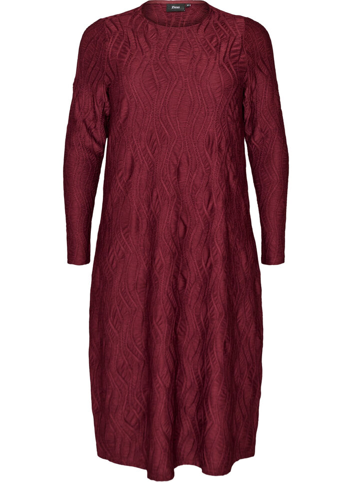 Robe midi &agrave; texture ondul&eacute;e et manches longues, Bordeaux, Packshot image number 0