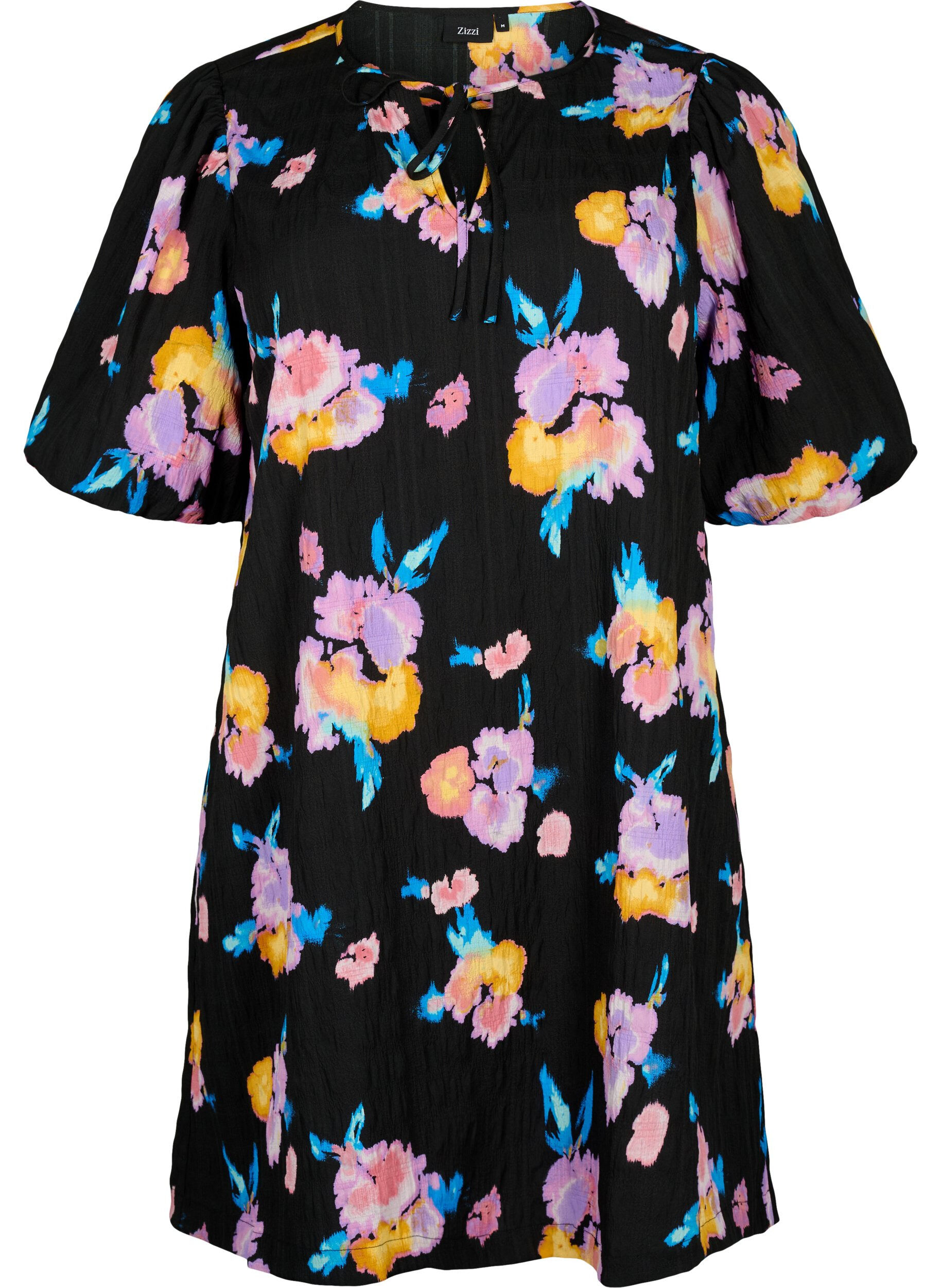 Zizzi Robe &agrave; manches courtes bouffantes et &agrave; imprim&eacute; floral, Noir, Packshot image number 0