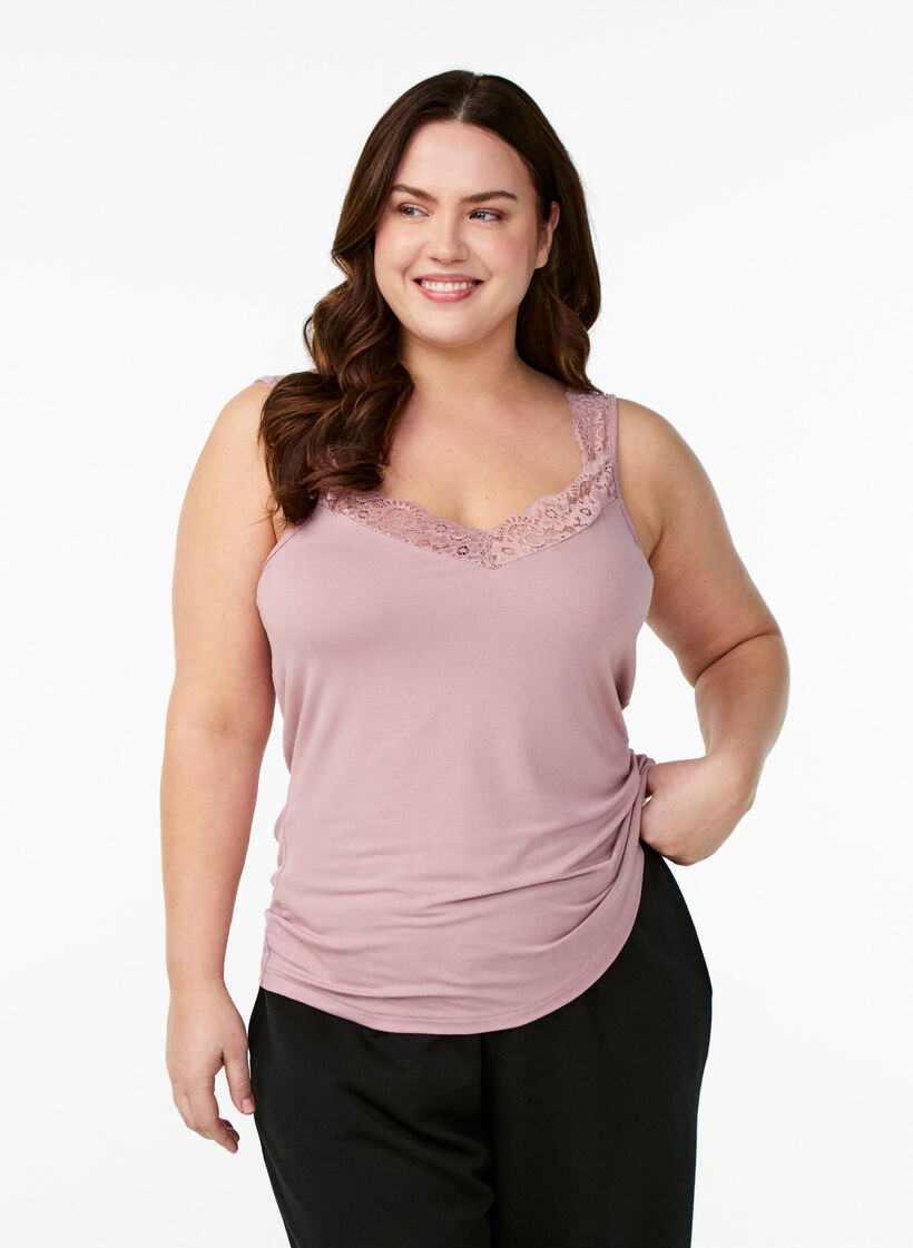Top en viscose avec bordure en dentelle, Rose, Model image number 0