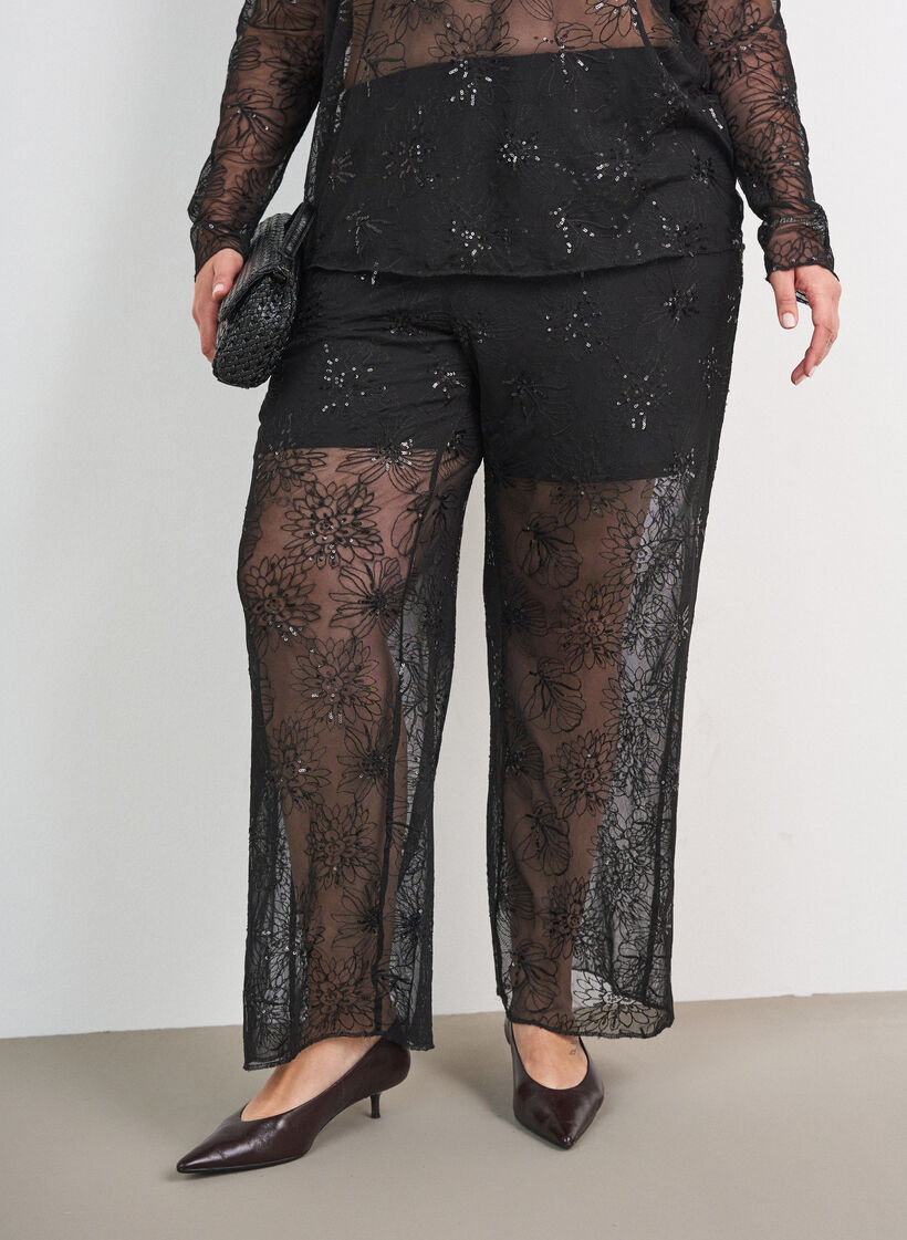 Blouse en mesh avec fleurs et sequins, Noir, Model image number 3