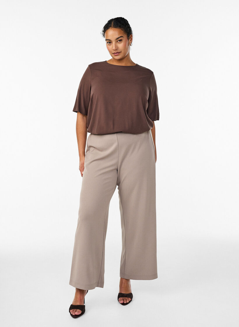 Chemisier tiss&eacute; &agrave; manches courtes et col rond, Marron, Model image number 1