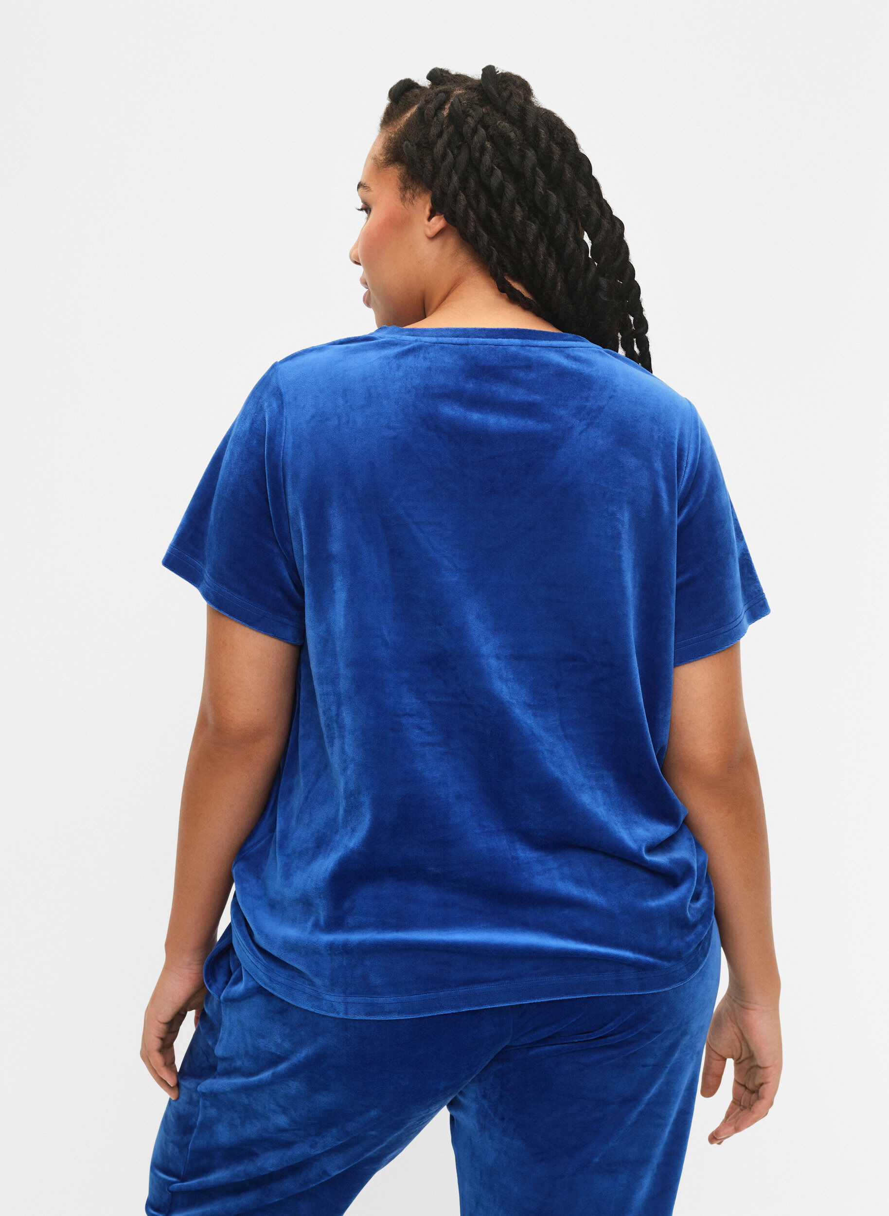 Zizzi T-shirt en velours avec un col en V, Monaco Blue, Model image number 1