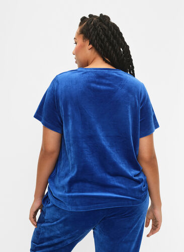 T-shirt en velours avec un col en V, Monaco Blue, Model image number 1