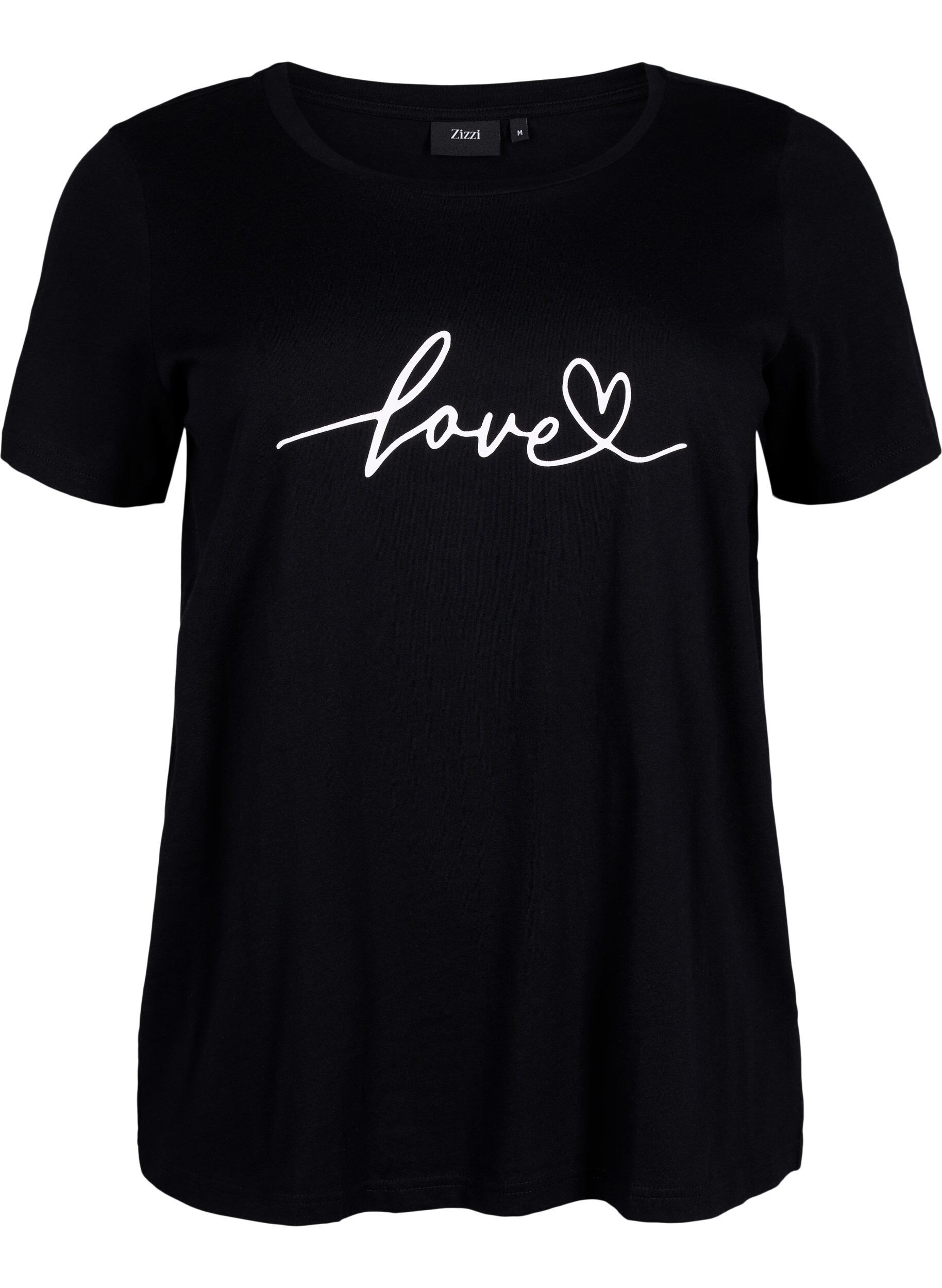 Zizzi T-shirt en coton &agrave; col ras du cou avec impression, Black W. Love, Packshot image number 0