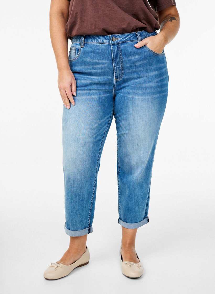 Jean 7/8 retrouss&eacute; et taille haute, Bleu, Model image number 2