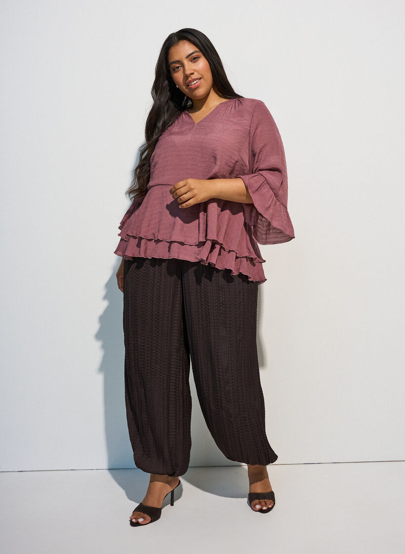 Blouse &agrave; manches 3/4 et volants, Rose, Model image number 1