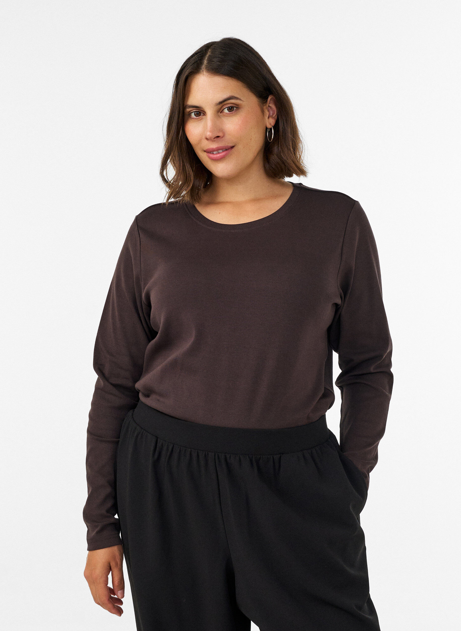 ZizziT-shirt basique &agrave; manches longues et col rond, Marron, Model image number 0