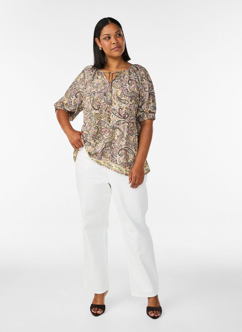 Blouse en viscose avec imprim&eacute; cachemire et lien &agrave; nouer, Jaune, Model image number 1
