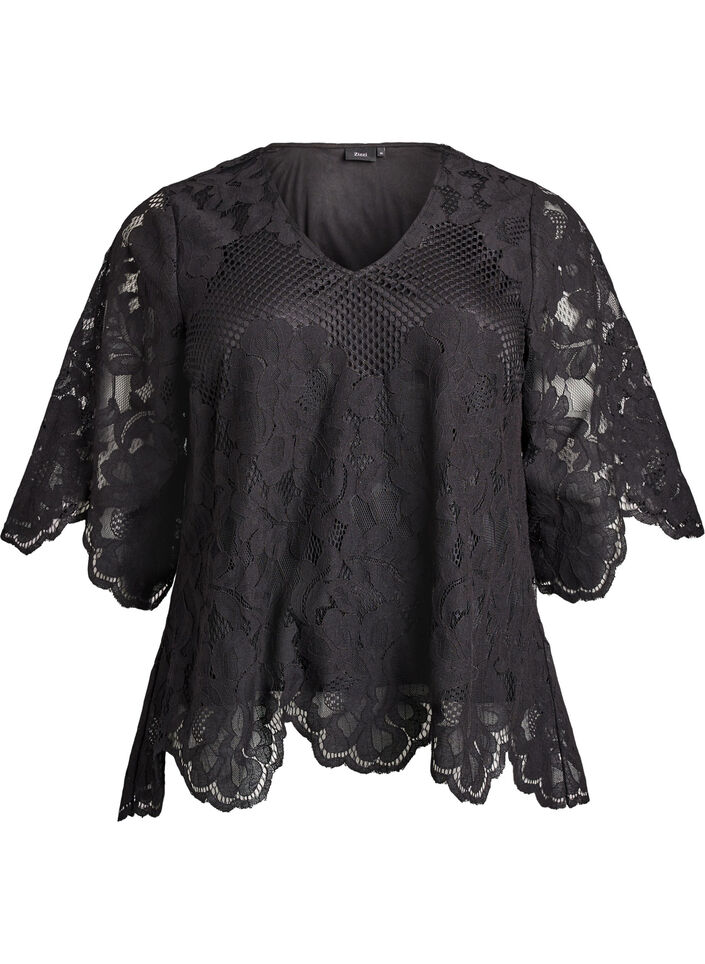 Blouse en dentelle avec col en V et manches mi-longues, Noir, Packshot image number 0