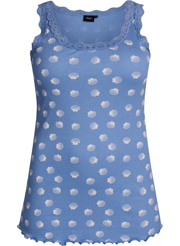 Top avec imprim&eacute; et bord en dentelle, Bleu, Packshot image number 0