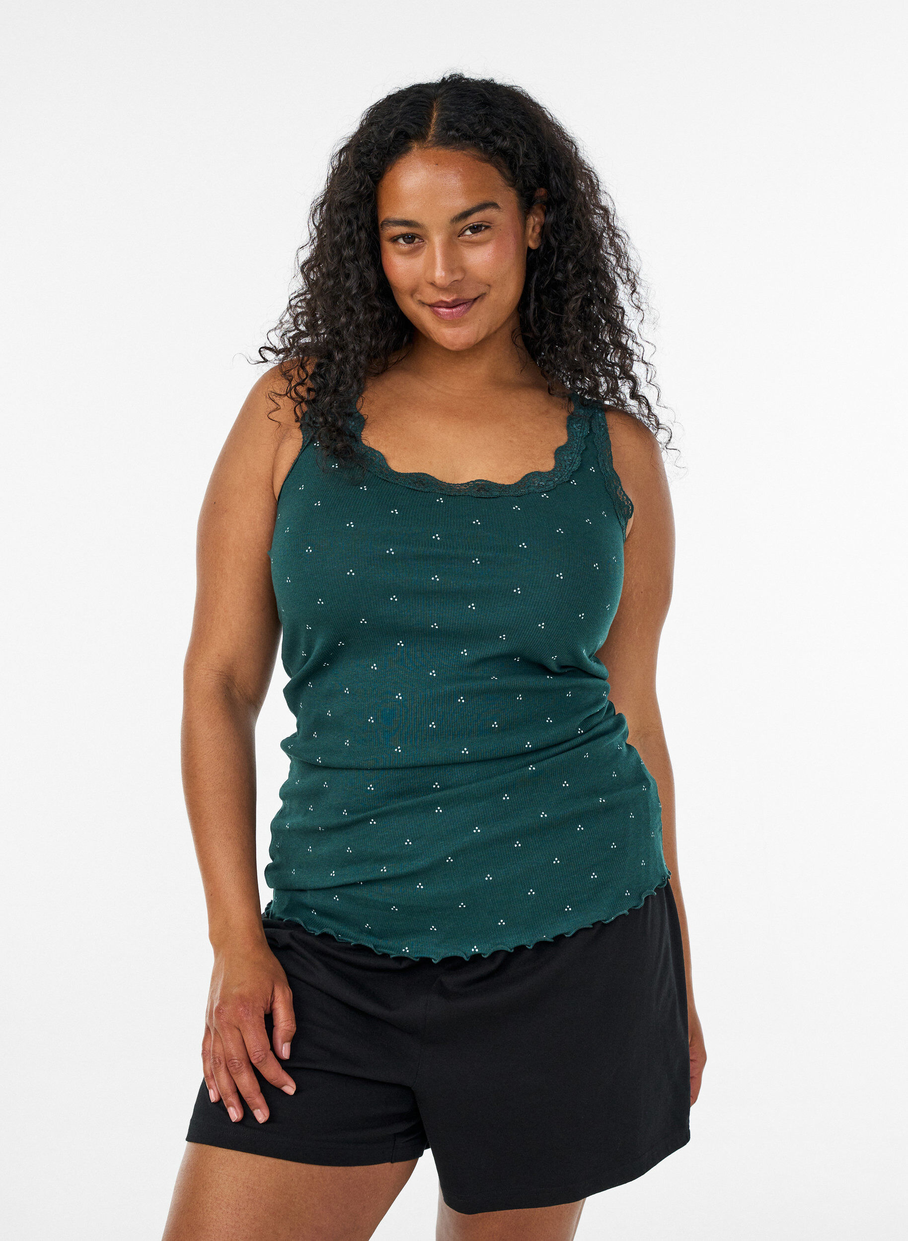 ZizziTop avec imprim&eacute; et bord en dentelle, Vert fonc&eacute;, Model image number 0