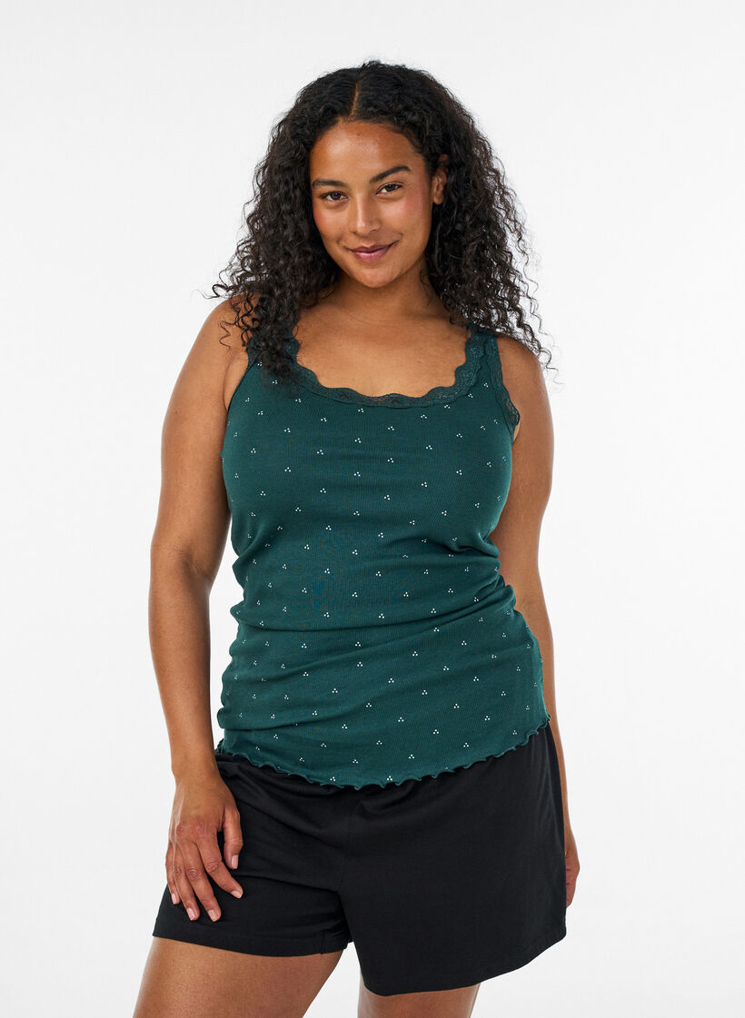 Top avec imprim&eacute; et bord en dentelle, Vert fonc&eacute;, Model image number 0