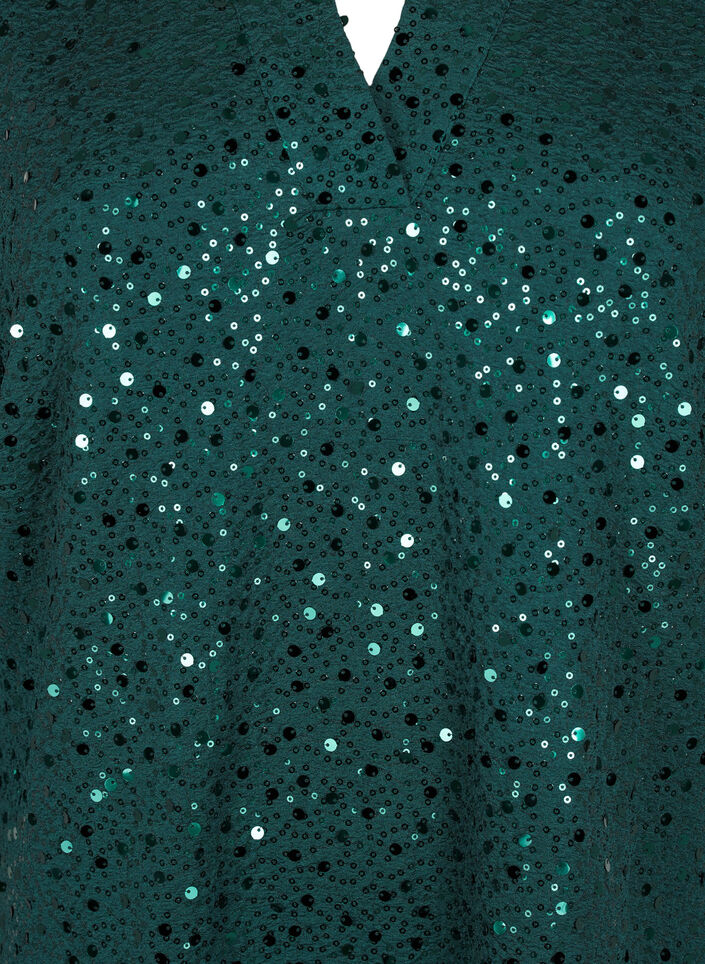 Robe à paillettes avec col en V et manches 3/4, Rain Forest, Packshot image number 2