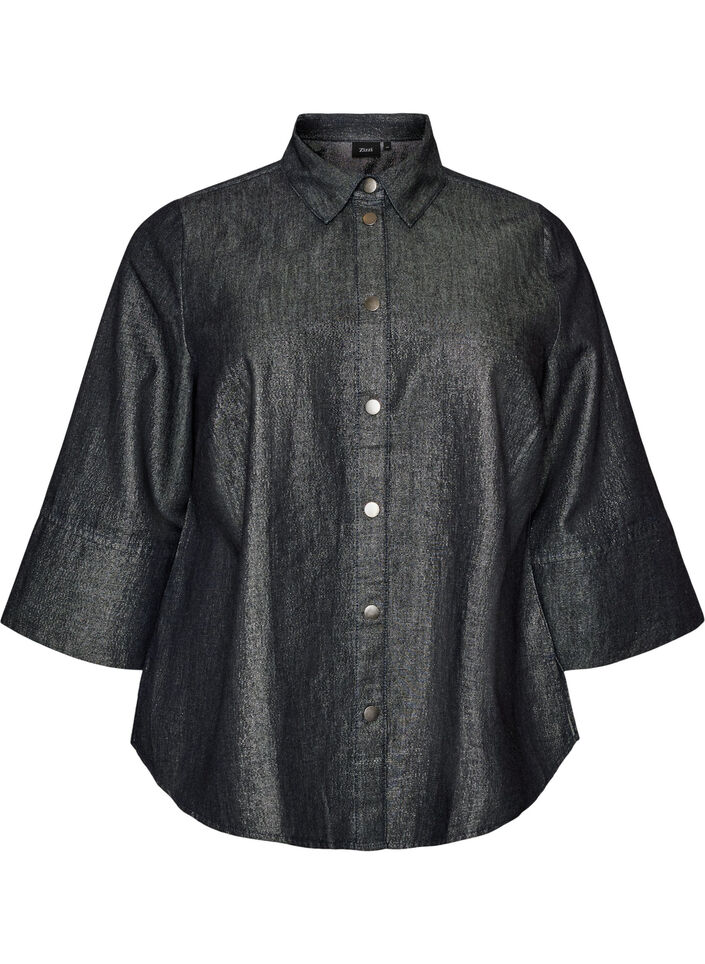 Chemise en jean avec fil paillet&eacute; et manches 3/4, Gris anthracite, Packshot image number 0