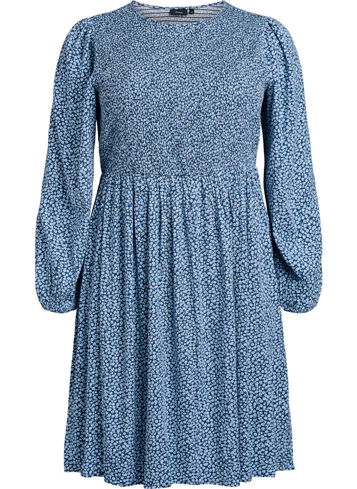 Robe avec haut smock&eacute; et imprim&eacute; &agrave; petites fleurs, Bleu, Packshot image number 0