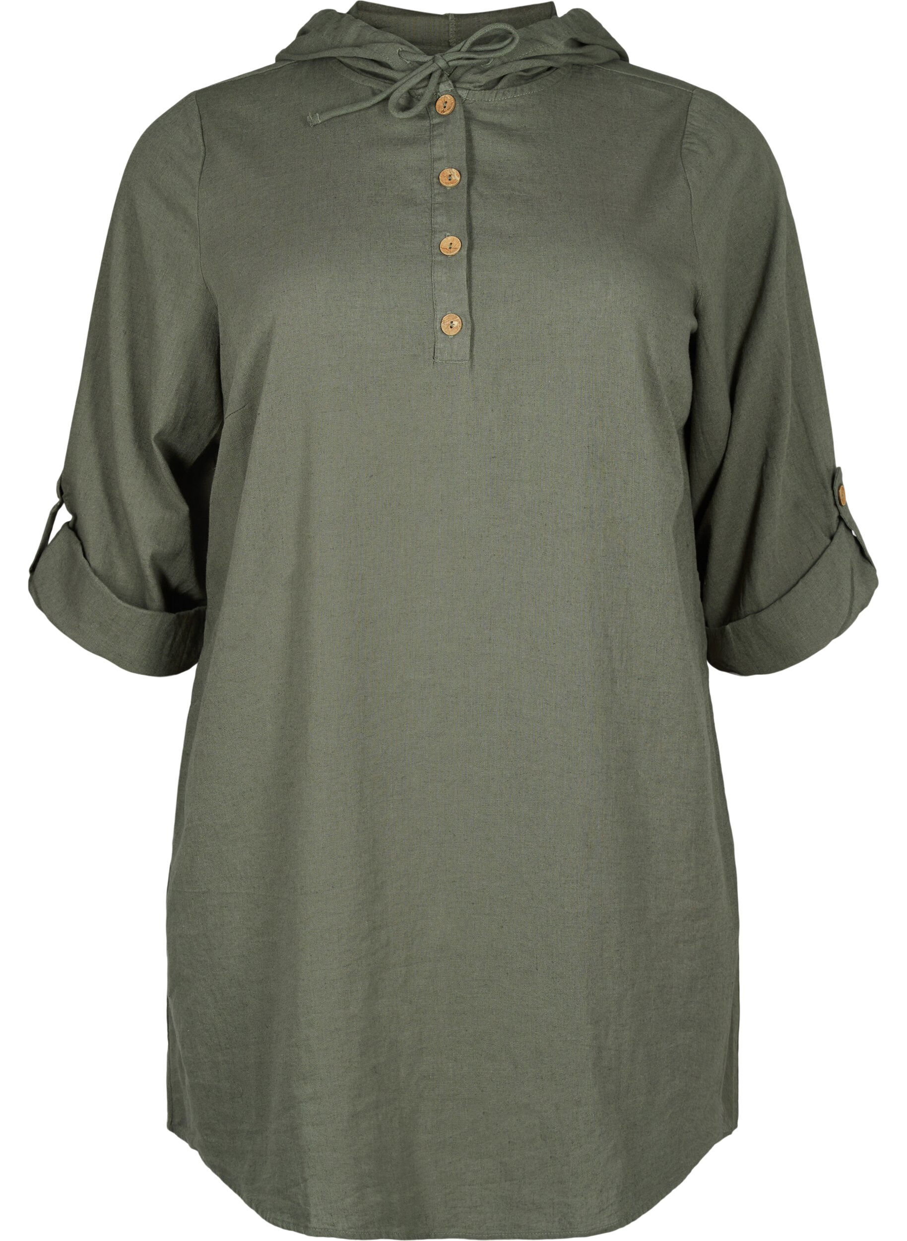 Zizzi Tunique &agrave; capuche en coton et lin, Thyme, Packshot image number 0