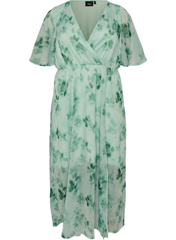Robe longue en chiffon imprim&eacute; floral et manches courtes, Vert, Packshot