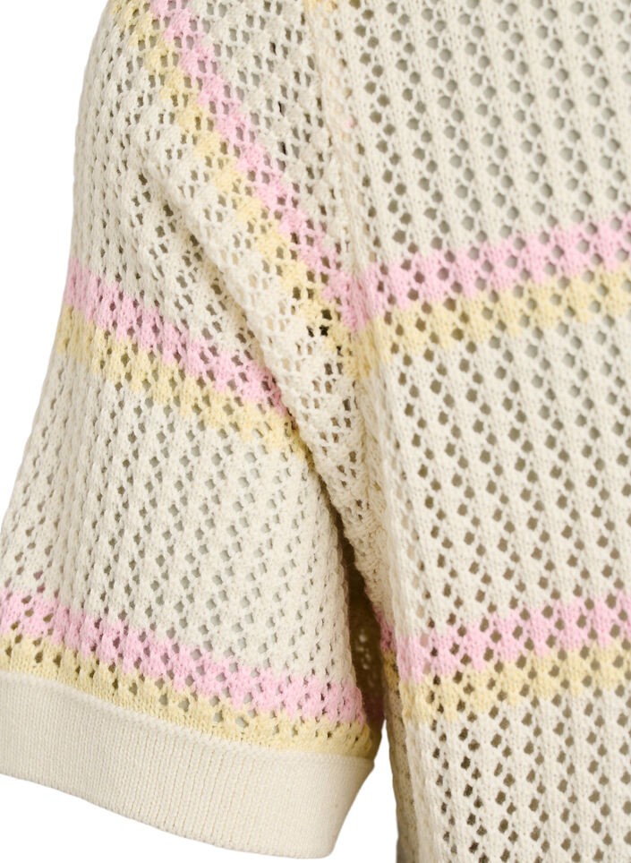 Polo en maille avec broderie ajour&eacute;e et rayures, Blanc, Packshot image number 3