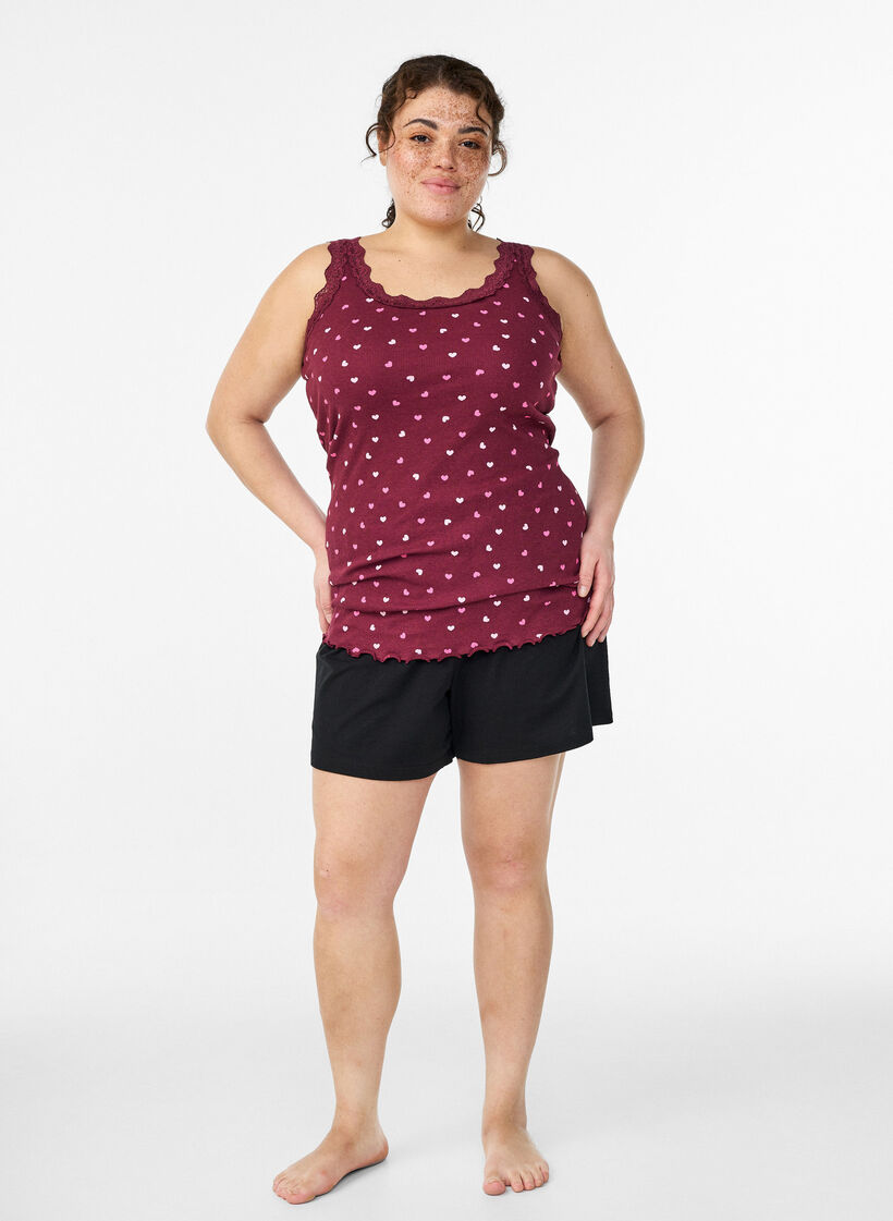 Top avec imprim&eacute; et bord en dentelle, Bordeaux, Model image number 1