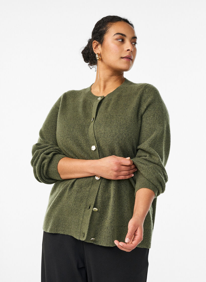 Cardigan en maille douce avec boutons dor&eacute;s, Vert fonc&eacute;, Model image number 0