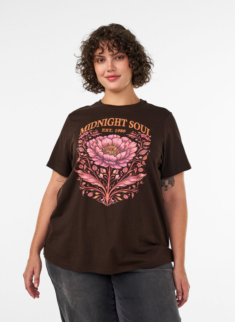 T-shirt en coton bio avec imprim&eacute; sur le devant, Marron, Model image number 0