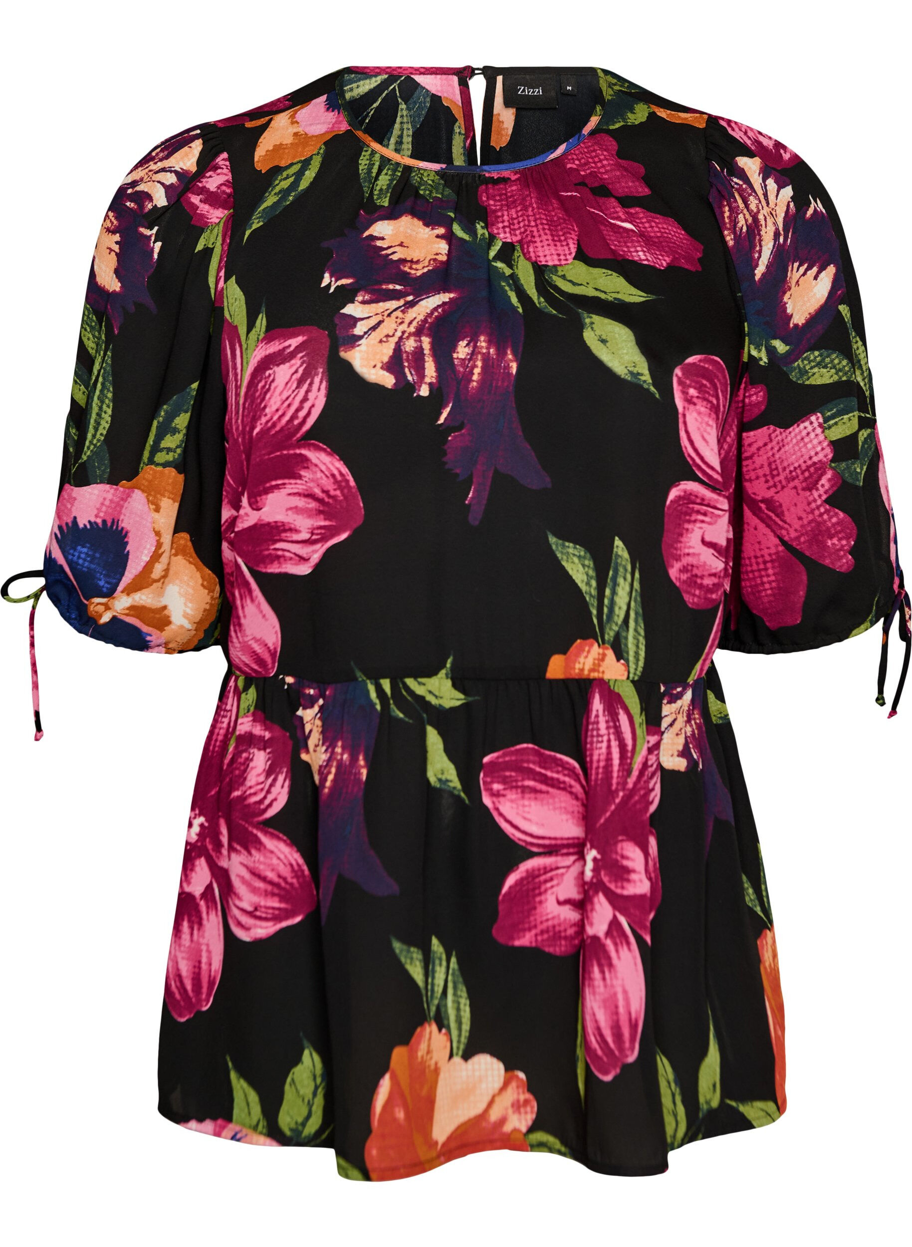 Zizzi Blouse &agrave; imprim&eacute; floral et p&eacute;plum, Noir, Packshot image number 0