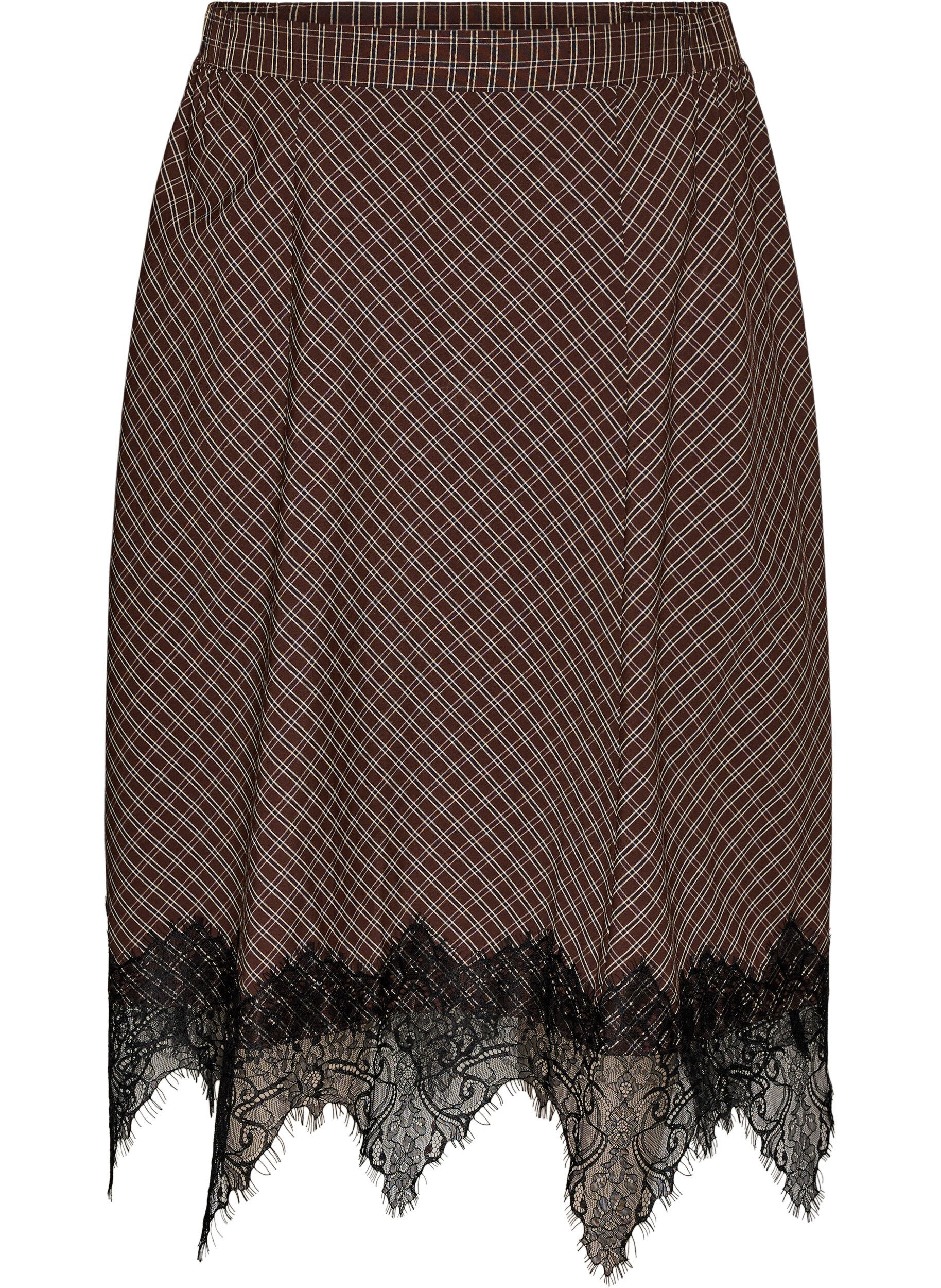 ZizziJupe midi &agrave; carreaux avec bordure en dentelle, Marron, Packshot image number 0