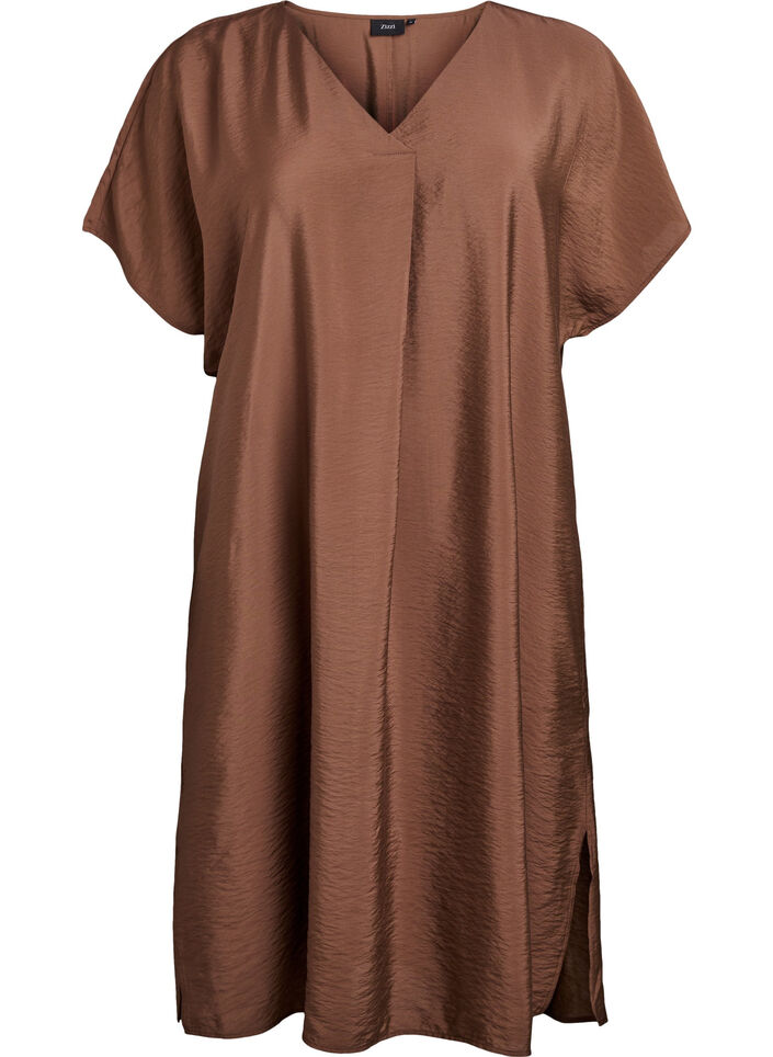 Robe &agrave; col en V en viscose, Marron, Packshot image number 0