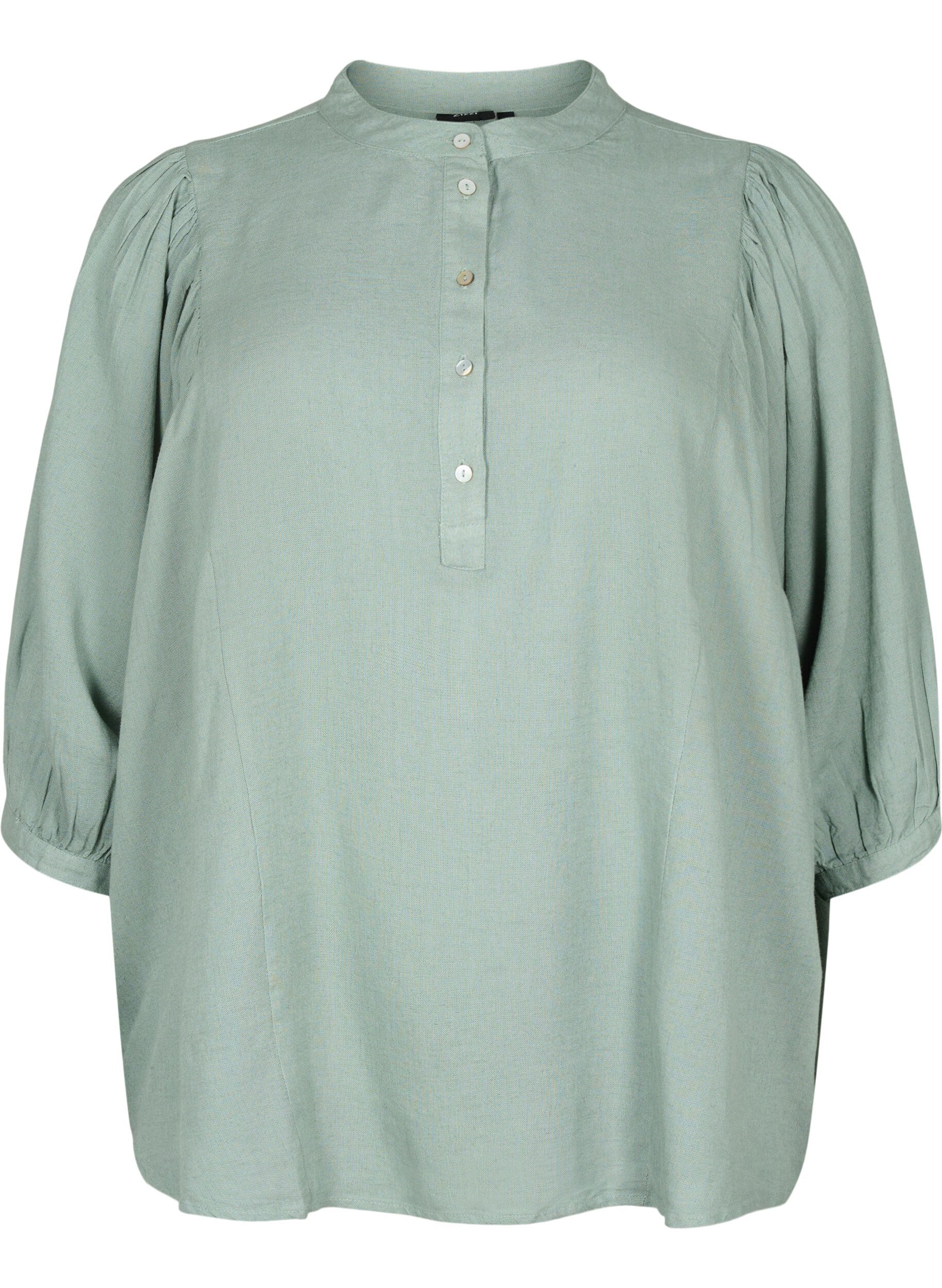 Zizzi Blouse en m&eacute;lange viscose-linen &agrave; manches 3/4, Chinois Green, Packshot image number 0