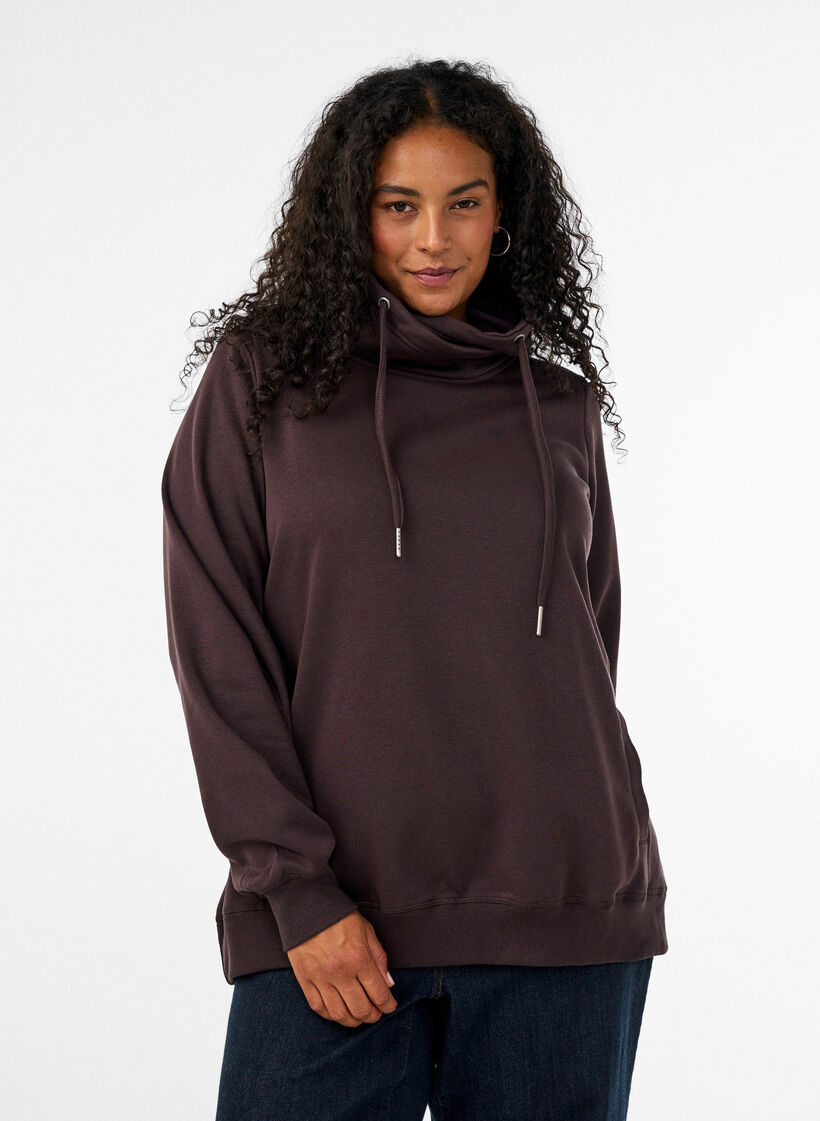 Sweat &agrave; col montant et poches, Marron, Model image number 0