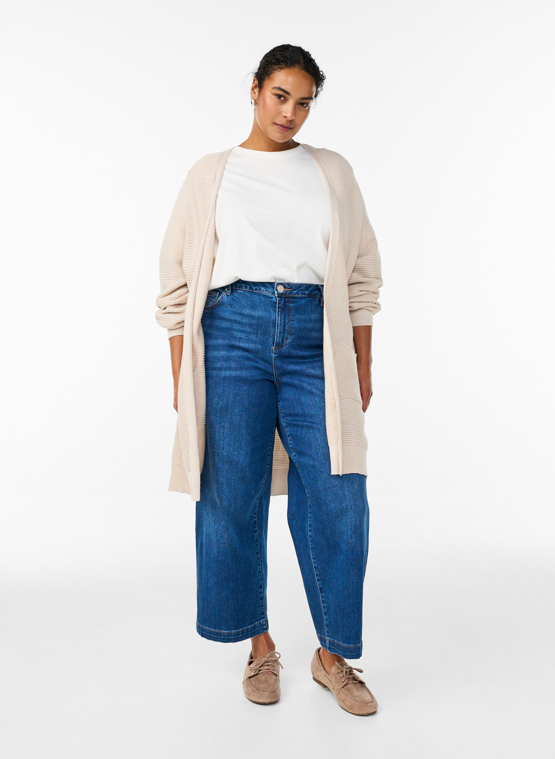 Zizzi Cardigan long c&ocirc;tel&eacute; en coton, Beige, Model image number 1
