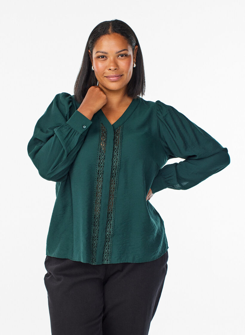 Blouse avec col en V et bandes brodées, Vert foncé, Model image number 0