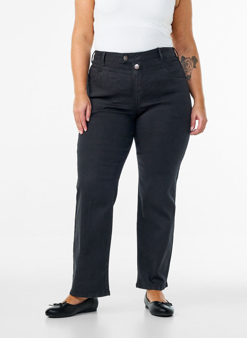 Jeans Gemma taille haute coupe droite, Noir, Model image number 2