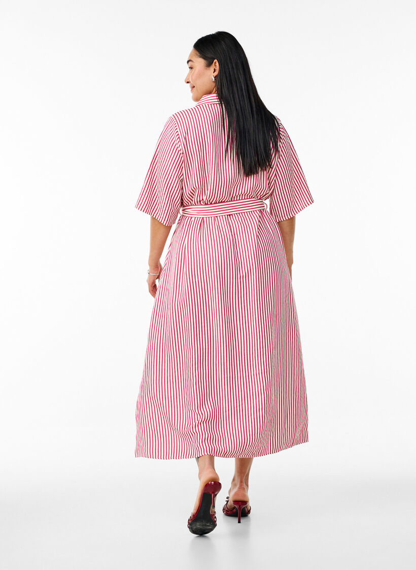 Robe-chemise longue jusqu&rsquo;aux chevilles avec ceinture &agrave; nouer et rayures, Rose, Model image number 1