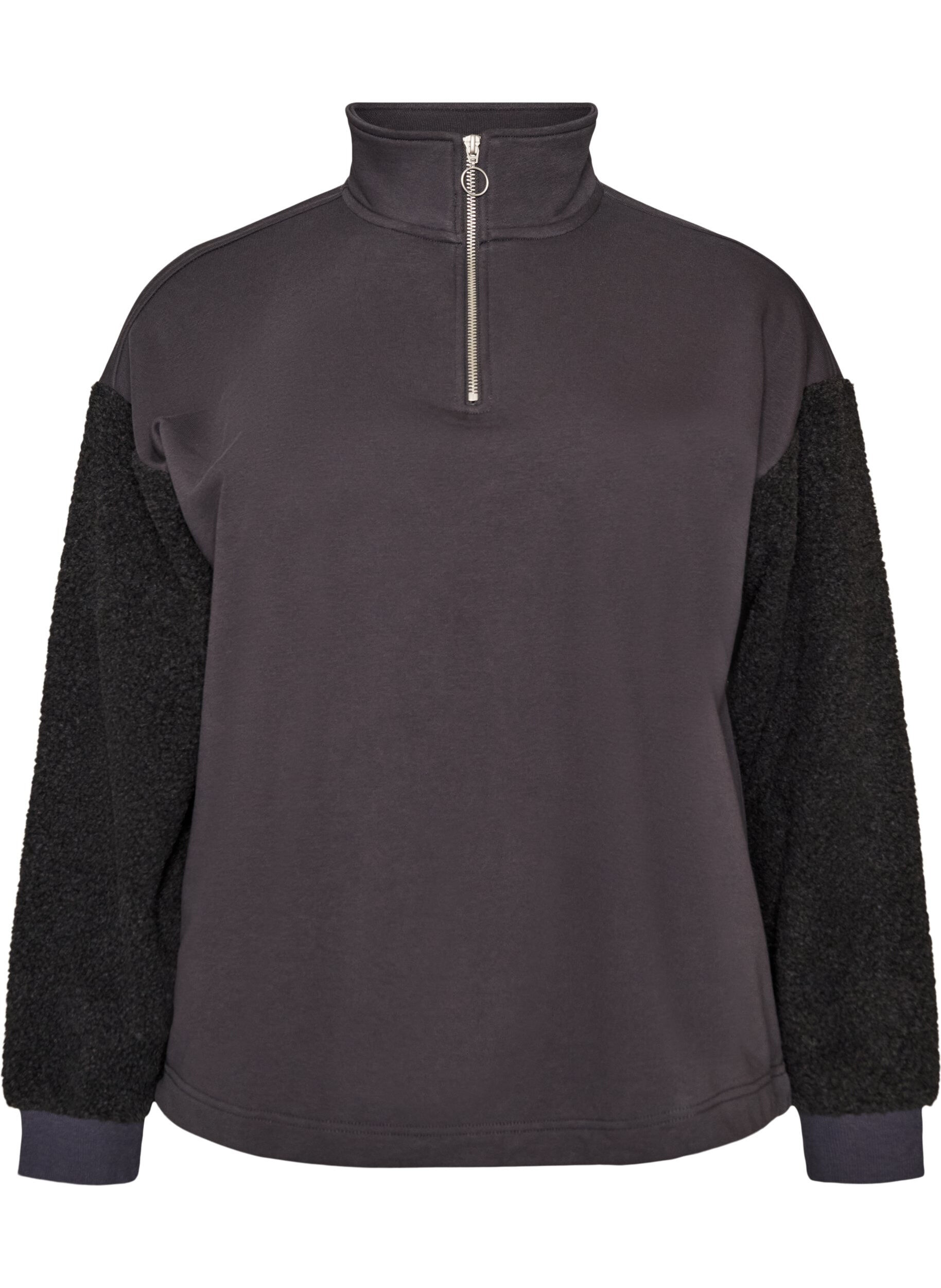 ZizziSweatshirt avec manches en mati&egrave;re teddy et col montant, Gris anthracite, Packshot image number 0