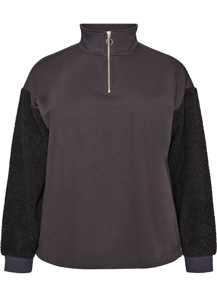Sweatshirt avec manches en mati&egrave;re teddy et col montant, Gris anthracite, Packshot image number 0