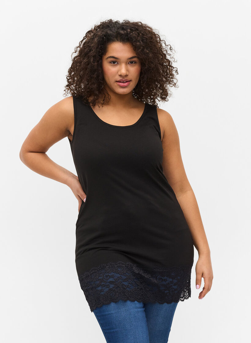 Long top en coton avec bordure en dentelle, Black, Model image number 0