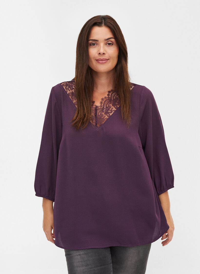 Blouse unie avec dentelle et manches 3/4, Plum Perfect, Model image number 0