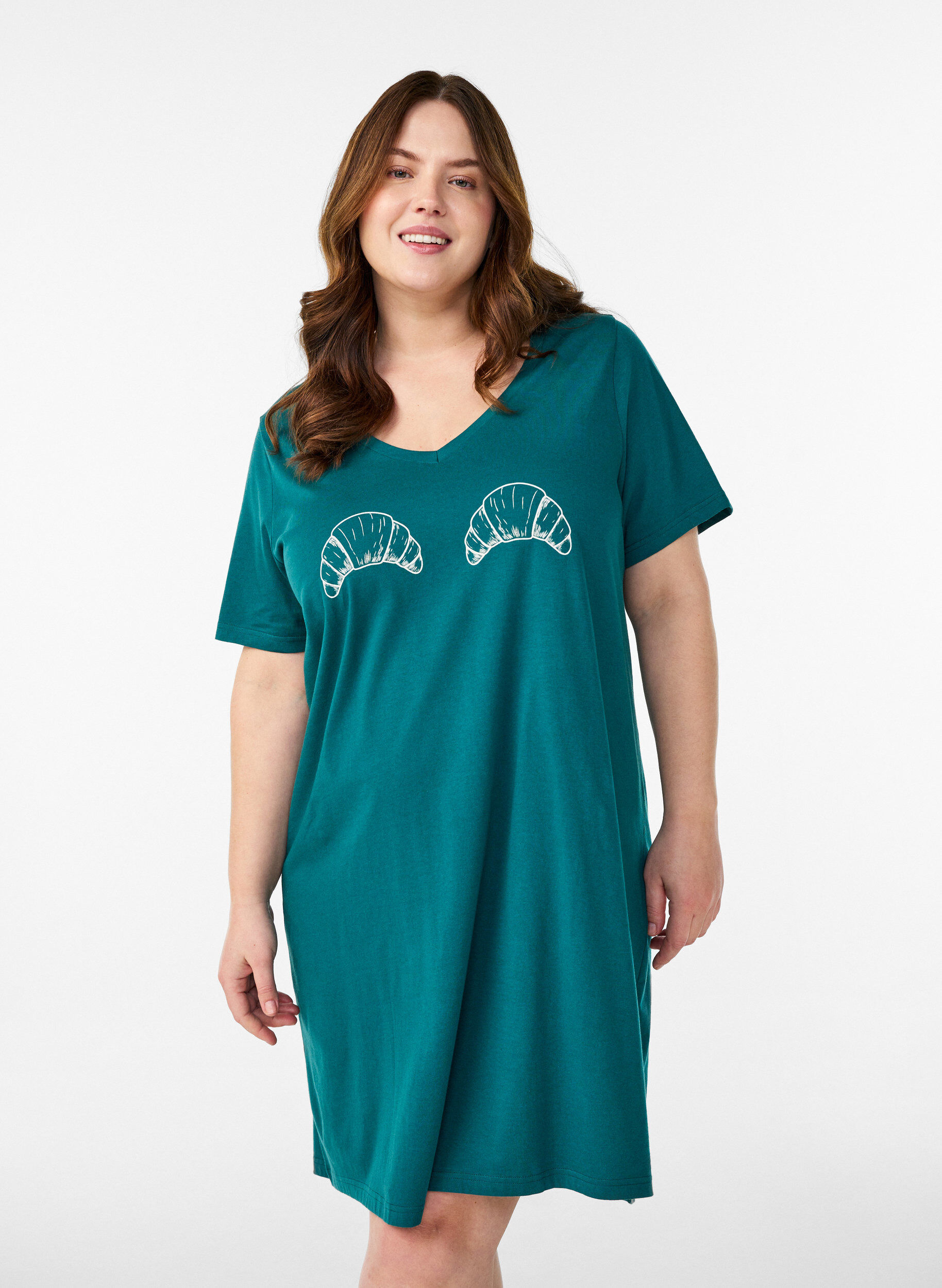 Zizzi Chemise de nuit en coton biologique et &agrave; col en V, Vert clair, Model image number 0