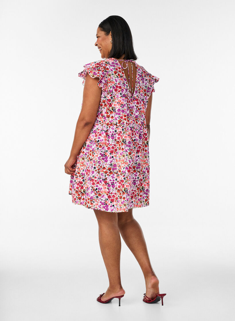 Robe fleurie en coton avec volants et col en V, Rose, Model image number 2