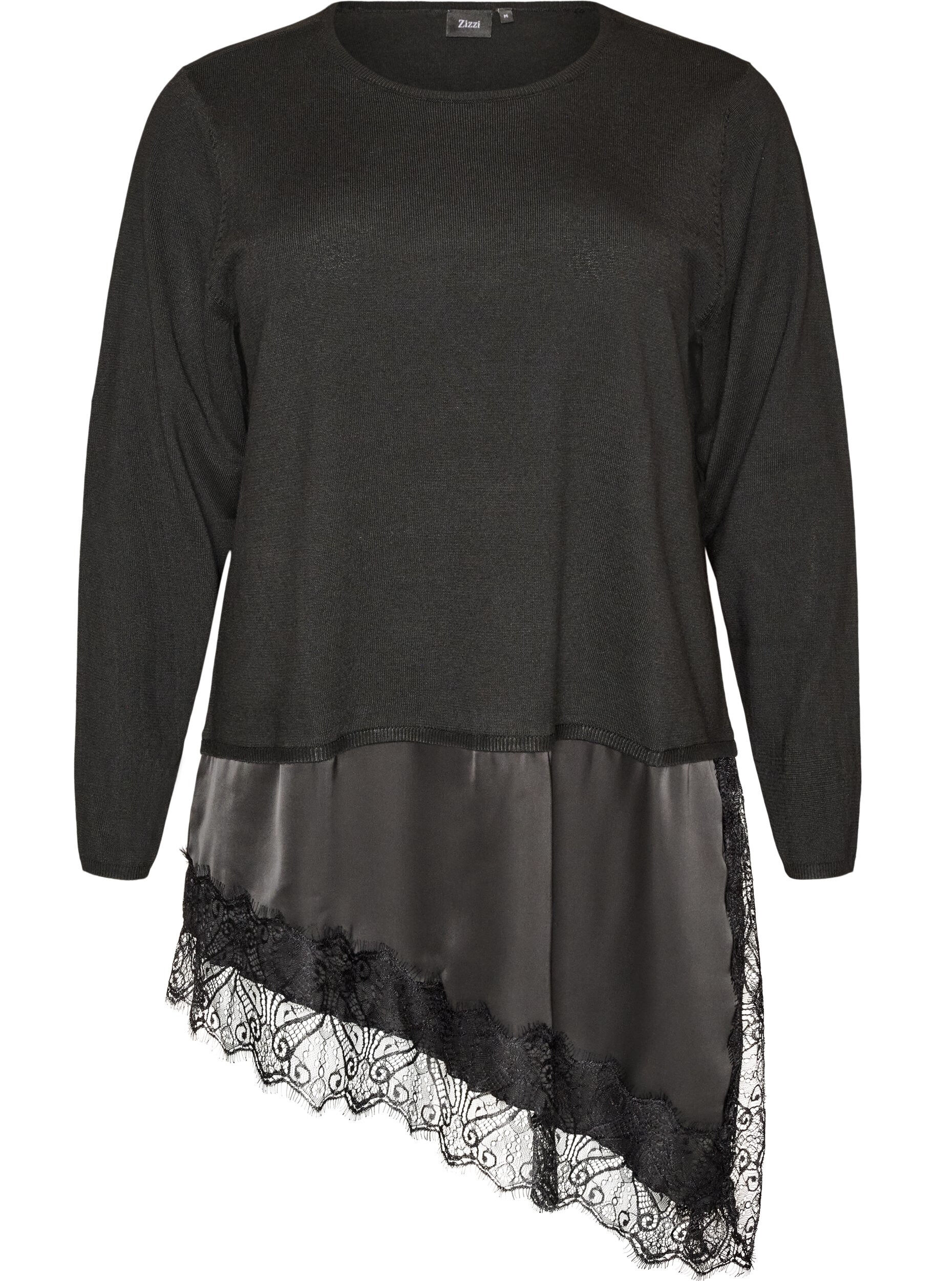 ZizziBlouse en maille &agrave; effet superpos&eacute; et bordure en dentelle, Noir, Packshot image number 0