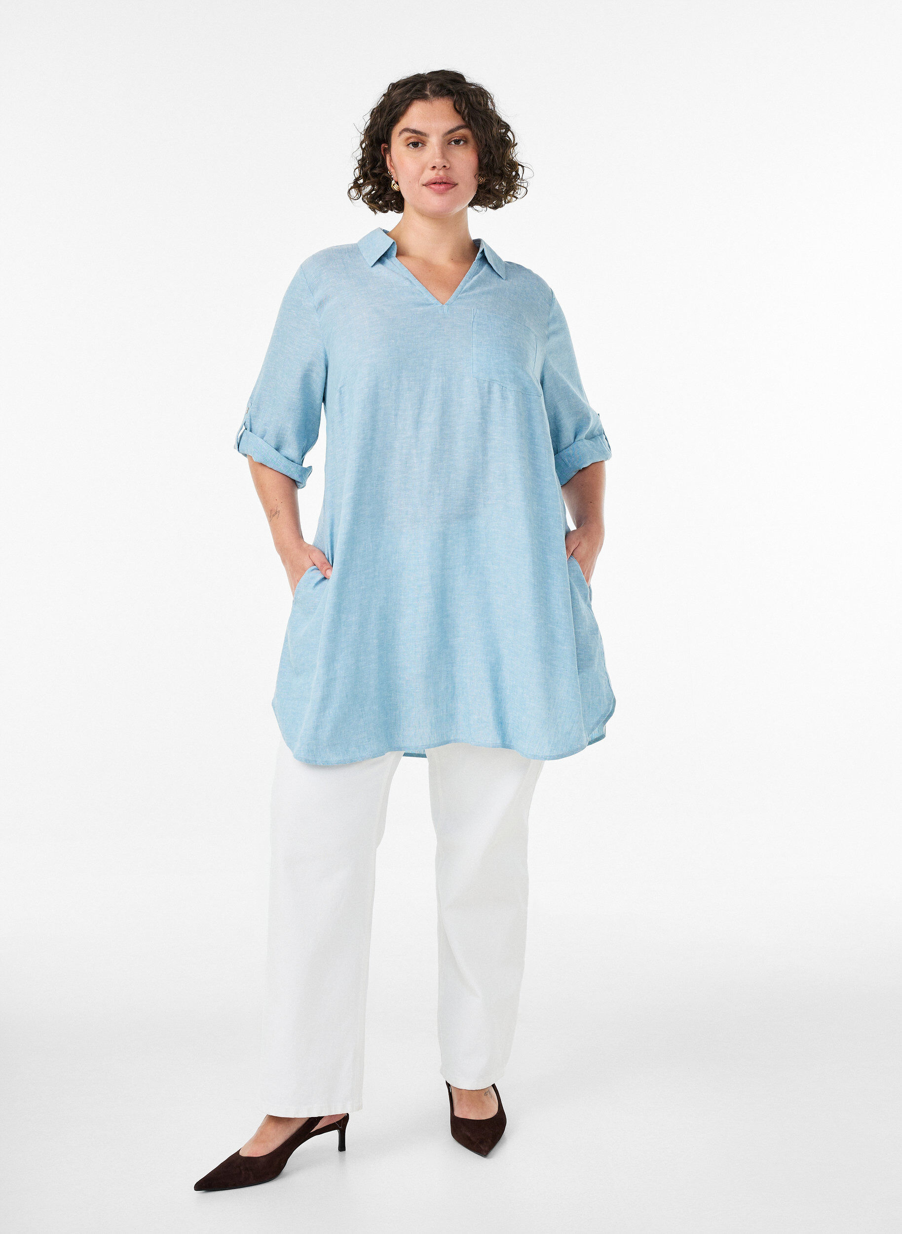 ZizziTunique coupe trap&egrave;ze en lin et viscose, Bleu Clair, Model image number 1