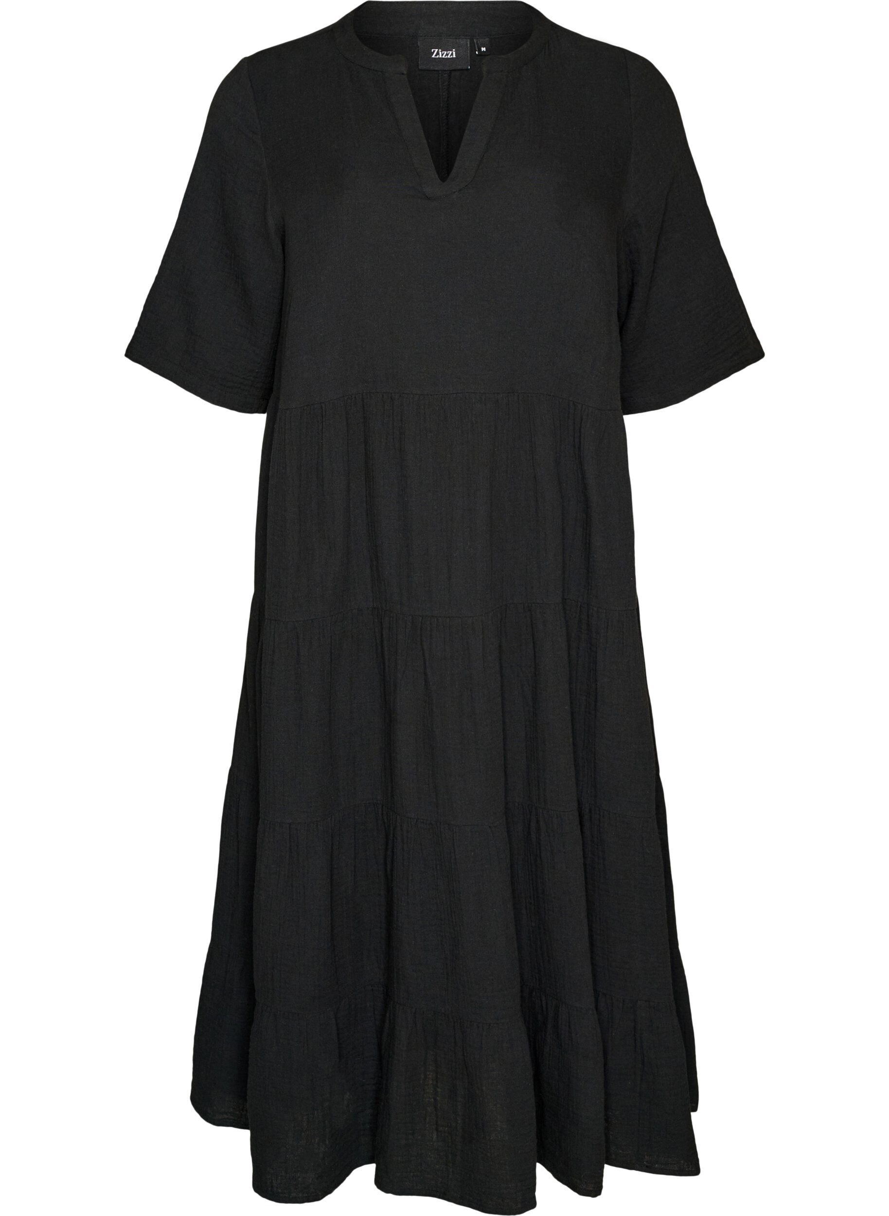 Zizzi Robe midi coupe &eacute;vas&eacute;e en mousseline de coton, Noir, Packshot image number 0