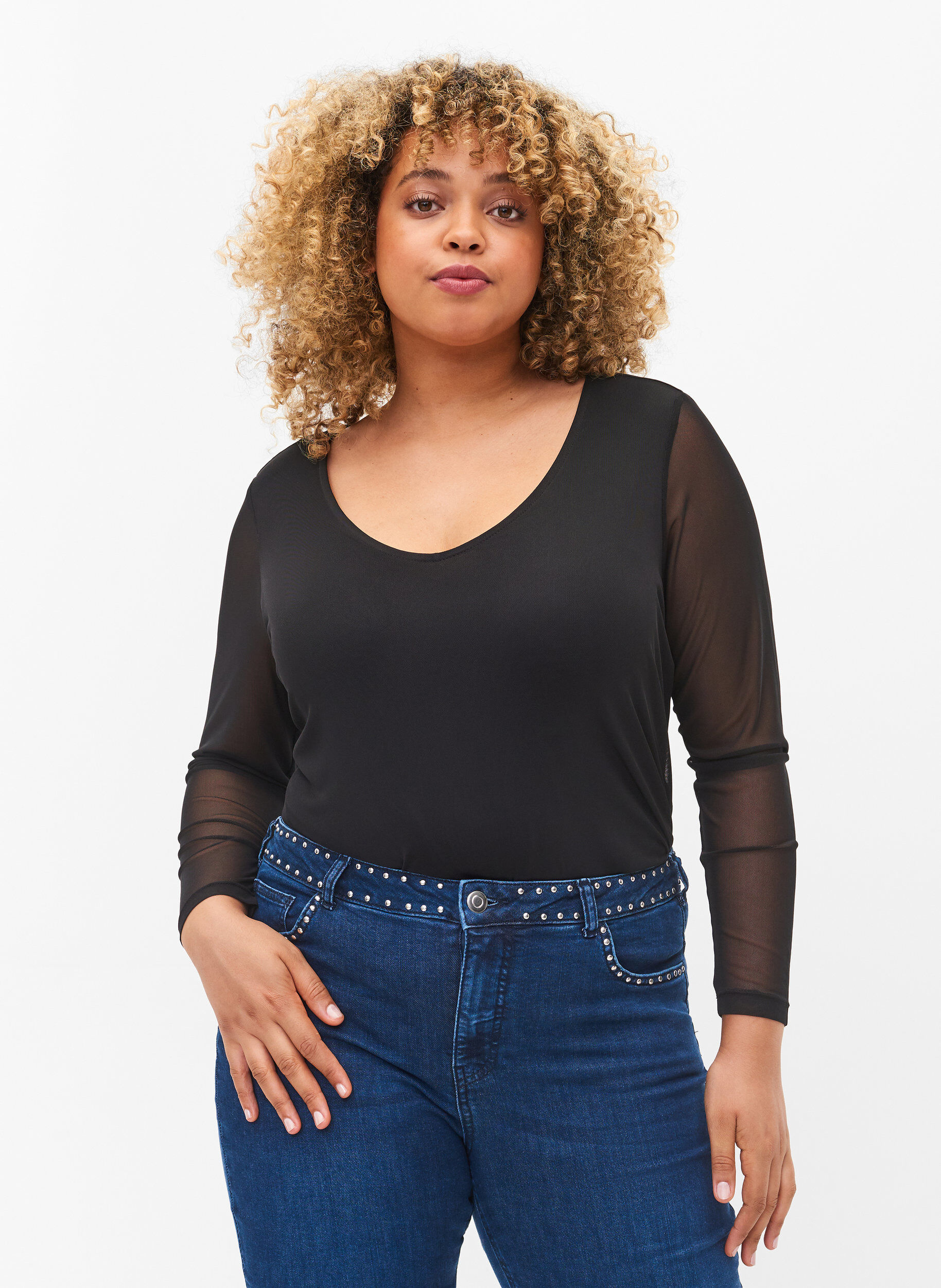 Zizzi Blouse en maille serr&eacute;e avec col en V, Black, Model image number 0