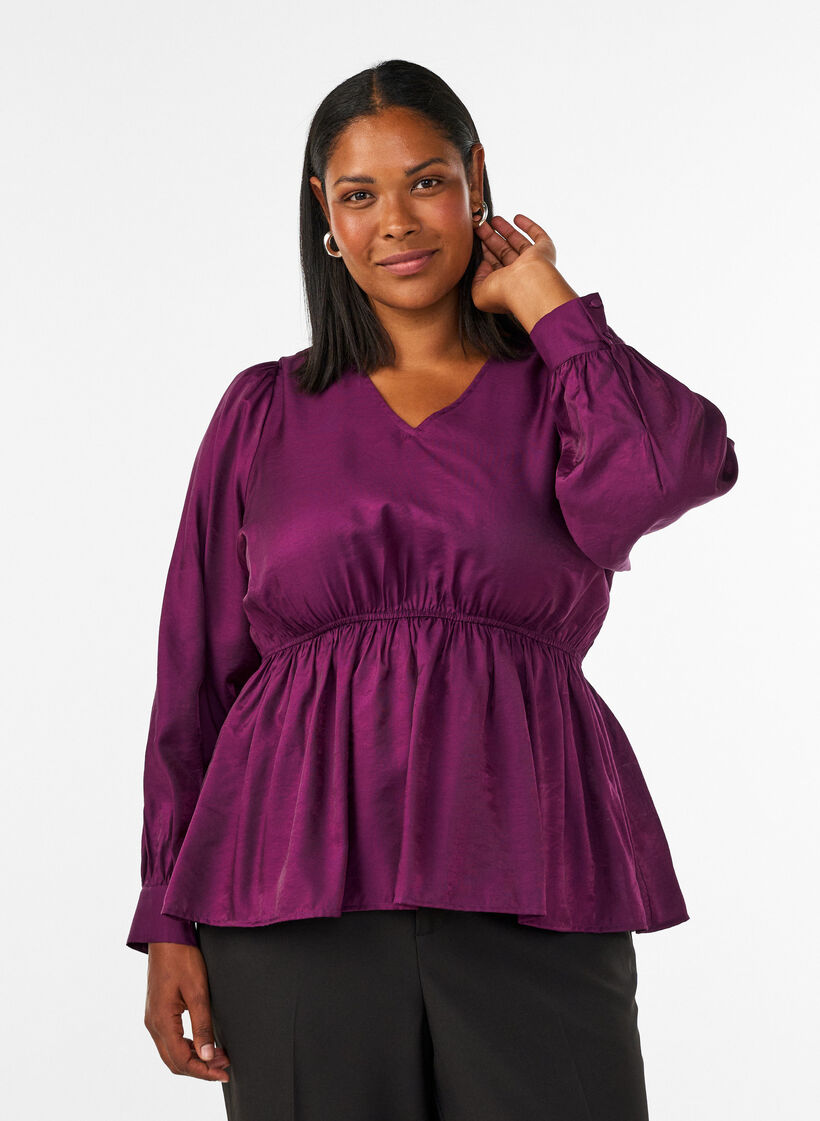 Blouse brillante en viscose &agrave; effet p&eacute;plum, Violet, Model image number 0