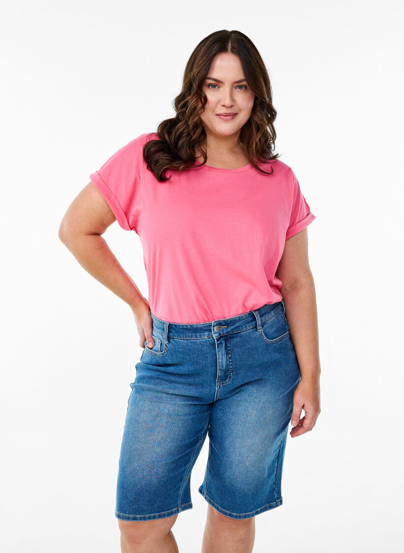 Bermuda en denim taille haute, Bleu Clair, Model image number 0