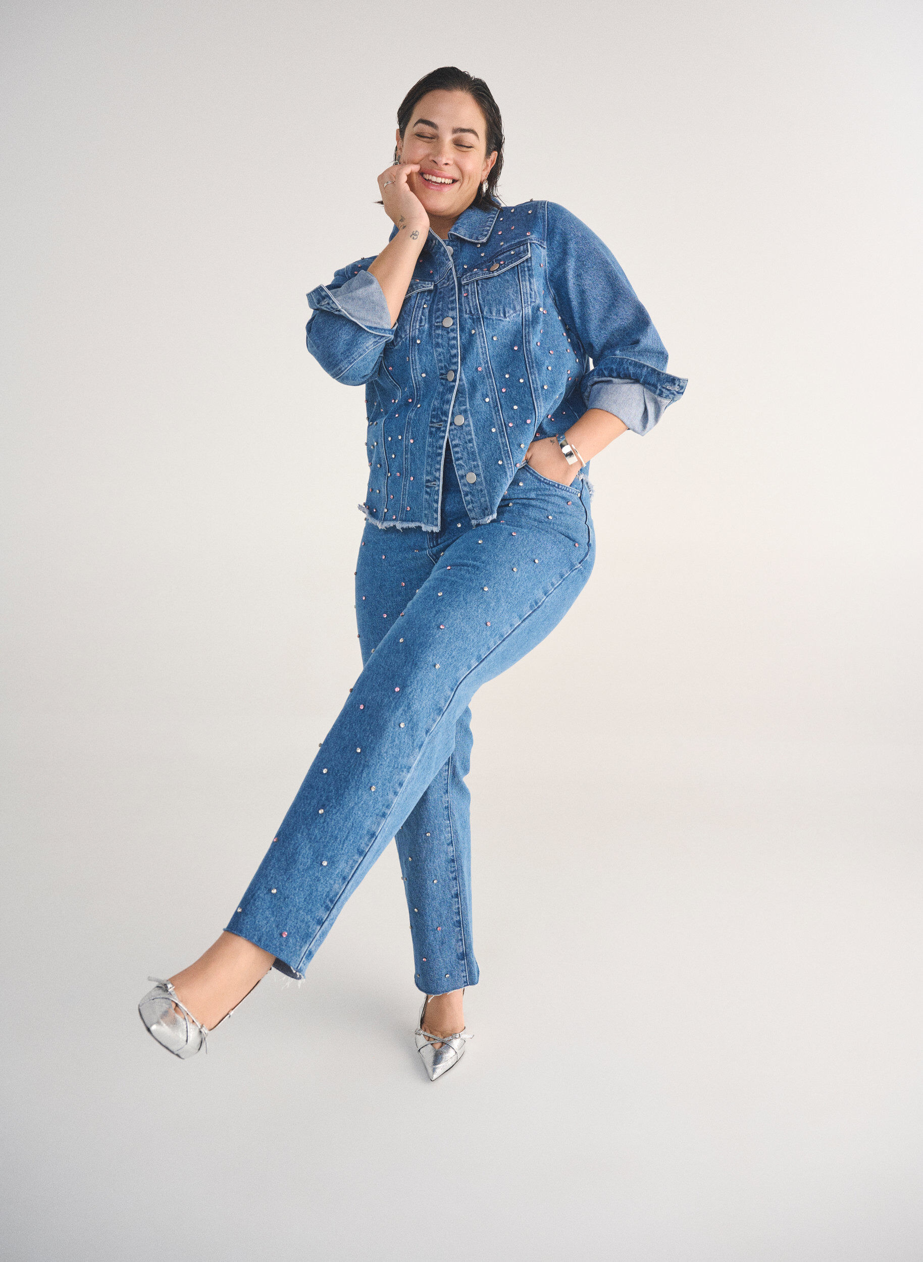 Zizzi Jeans Gemma taille haute avec strass, Bleu, Image image number 0